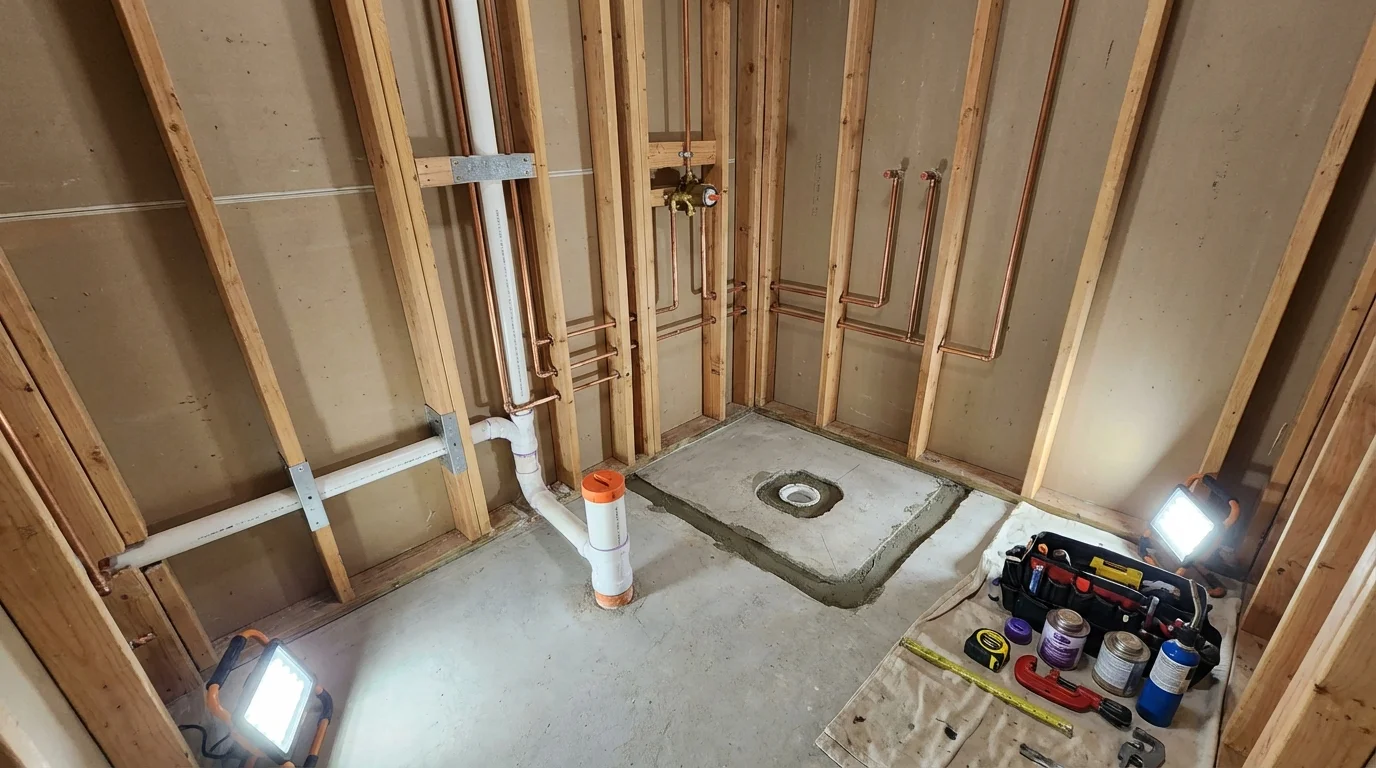 Bathroom rough-in plumbing during remodel by Johns Plumbing LLC in Malad City