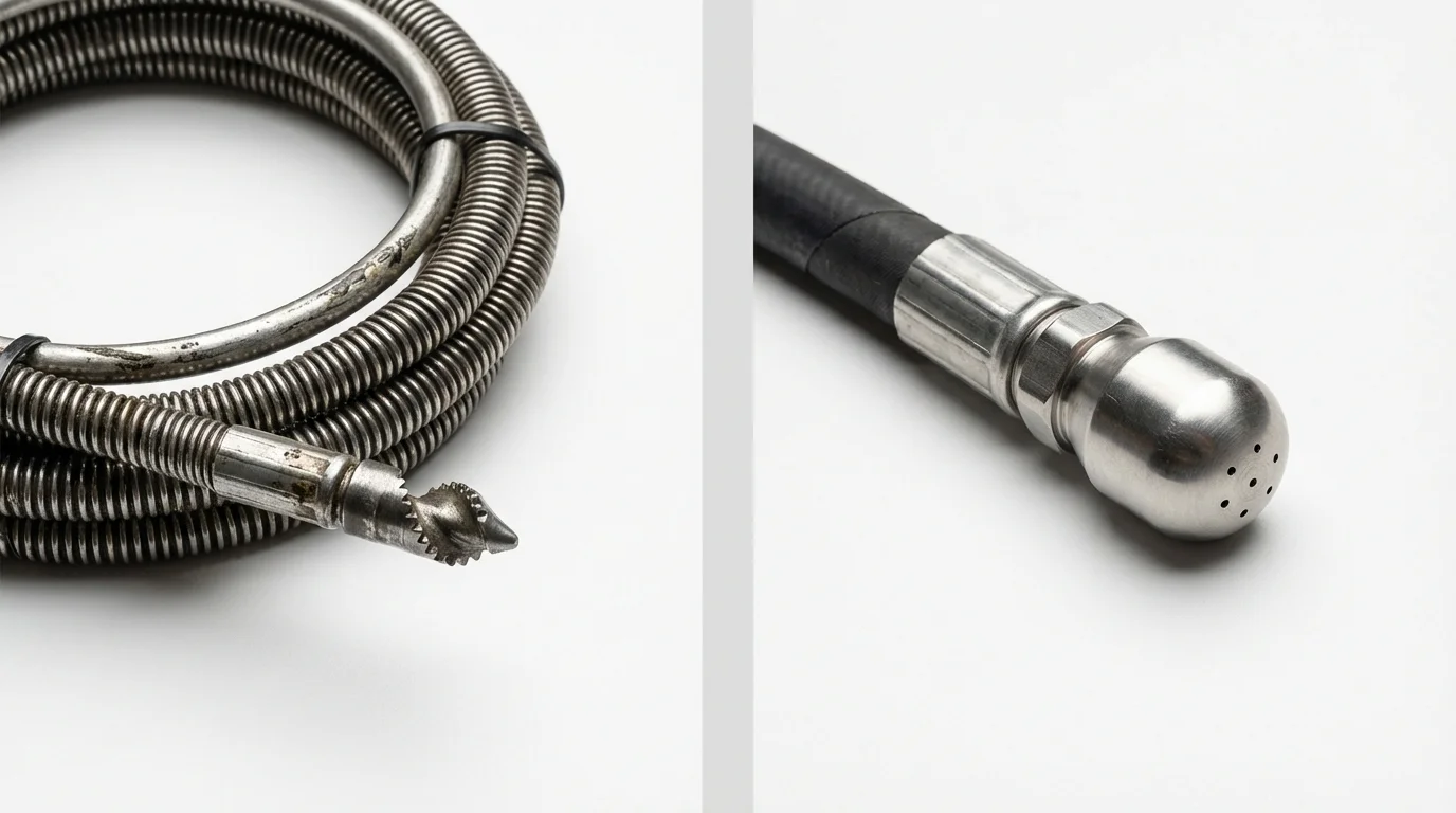 Drain snake cable and hydro jetting nozzle used for drain cleaning in Malad City, ID