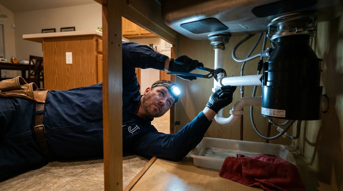 P-trap and supply line connections under a kitchen sink showing a common leak point in Malad City, ID